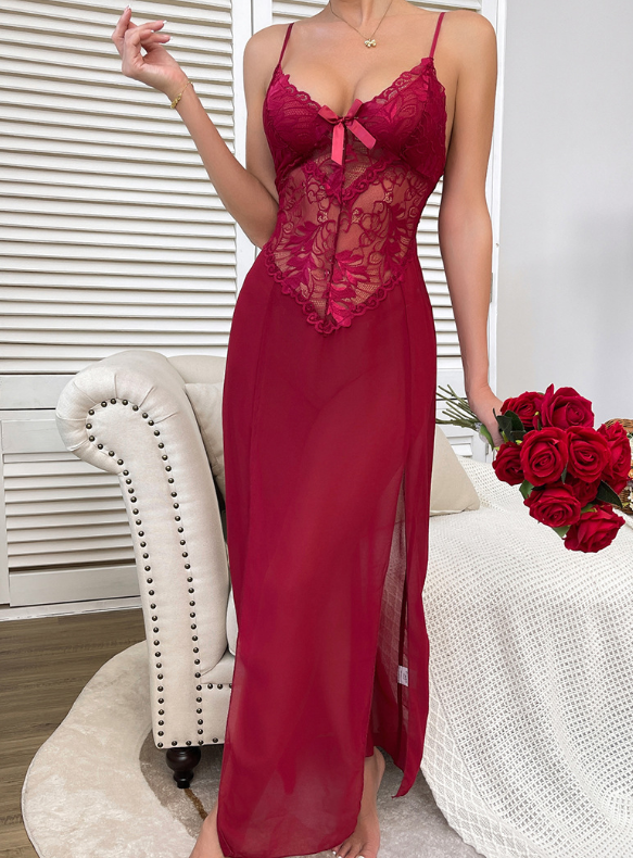 Sexy Chiffon Deep V Plunge Lace Pajamas Side Slit Long Burgundy