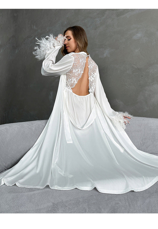 Long Robe Lace Satin with Feather Boa Sleeve Trim Open Back Lace Detail White