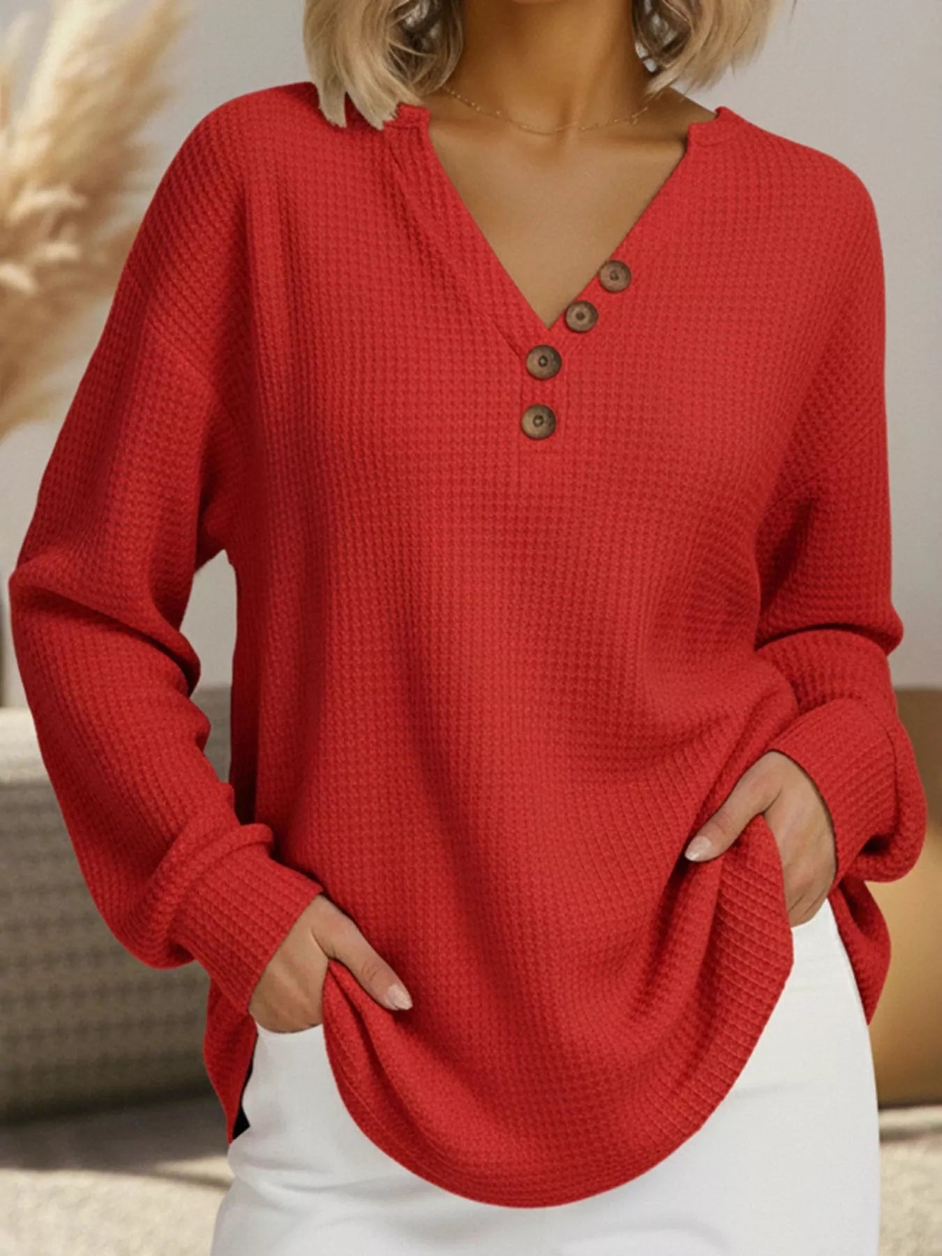 Full Size Casual Waffle Knit Long Sleeve T-Shirt Plus Size