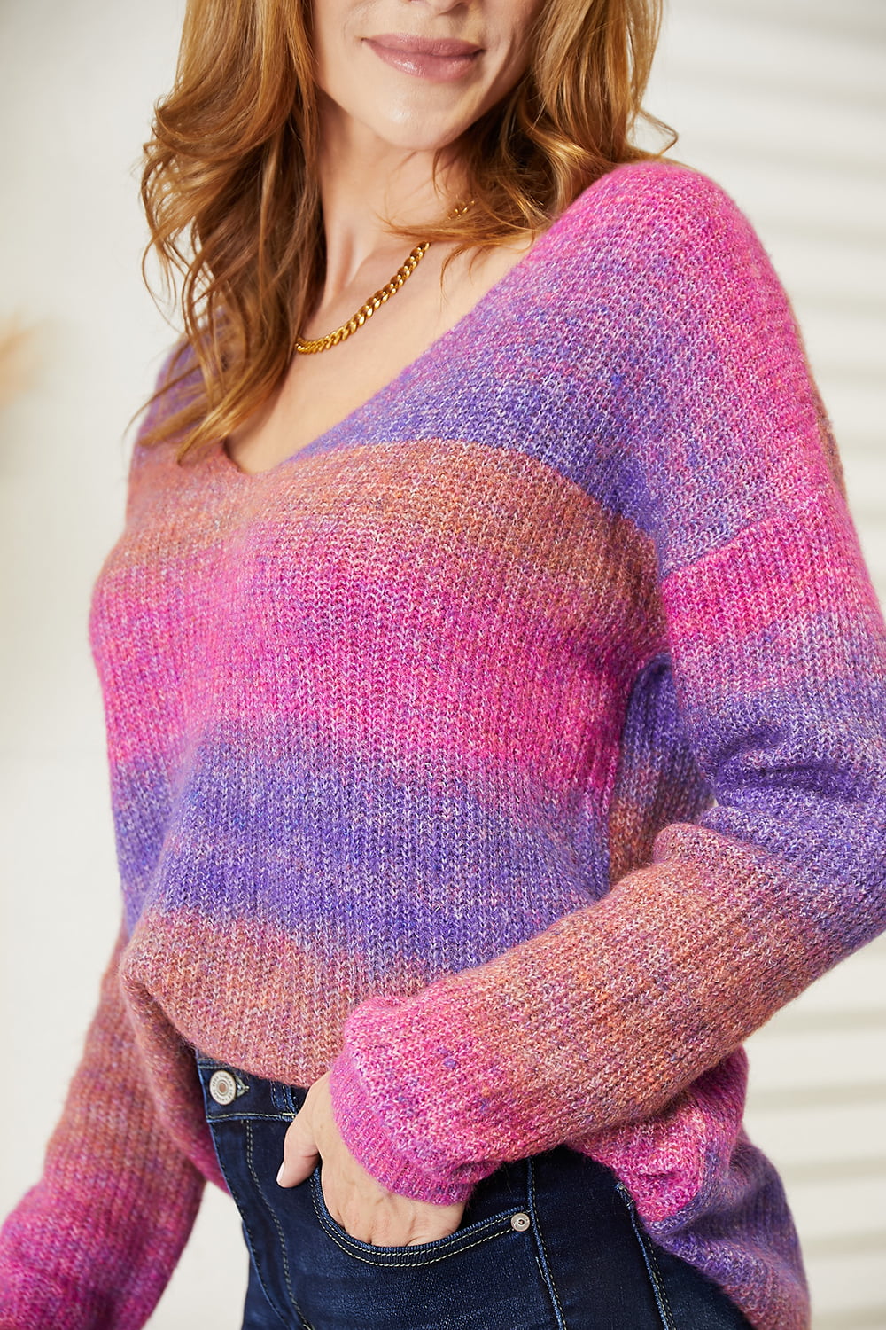 Pink & Purple Blended Rib-Knit V-Neck Knit Pullover