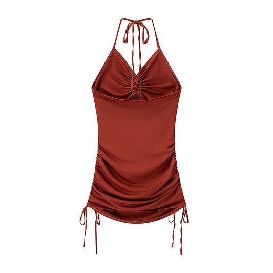 Sexy Mini Copper Shirred Cut Out Drawstring Dress