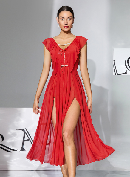 Sexy Long Sheer Maxi Nightie with High Double Slits & Layered Front Ruffle Red