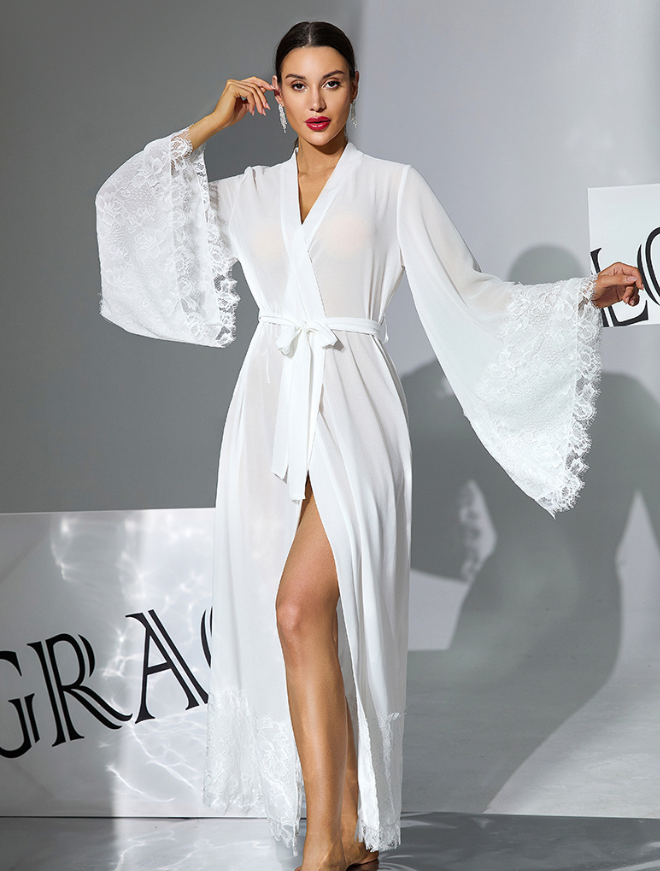Lace Bell Sleeve Long Robe Chiffon w/ Eye Lash Trim White