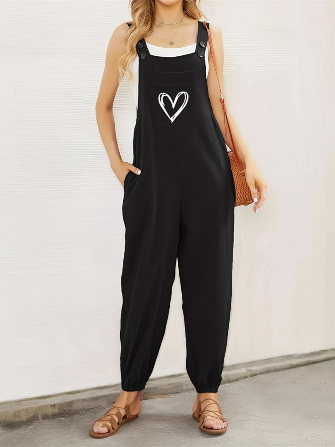 Heart Square Neck Wide Strap Overalls