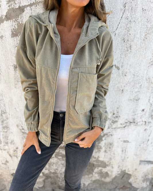 Ella | Corduroy Hooded Jacket with Zip Green