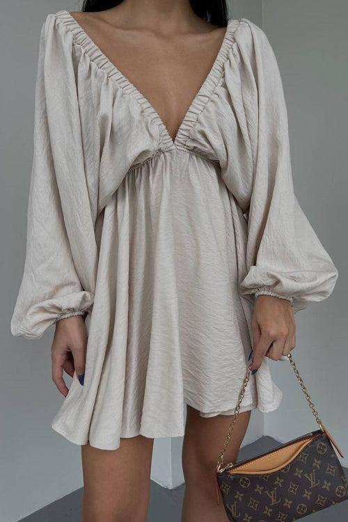 Feeling So Sweet V-neck Long Sleeve Mini Dress - 7 Colors Beige