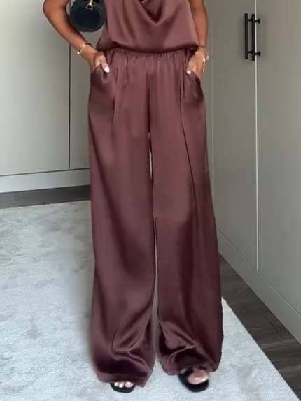 Elegant Halter Neck Swing Collar Top And Wide Leg Pants Suit-Pants Brown