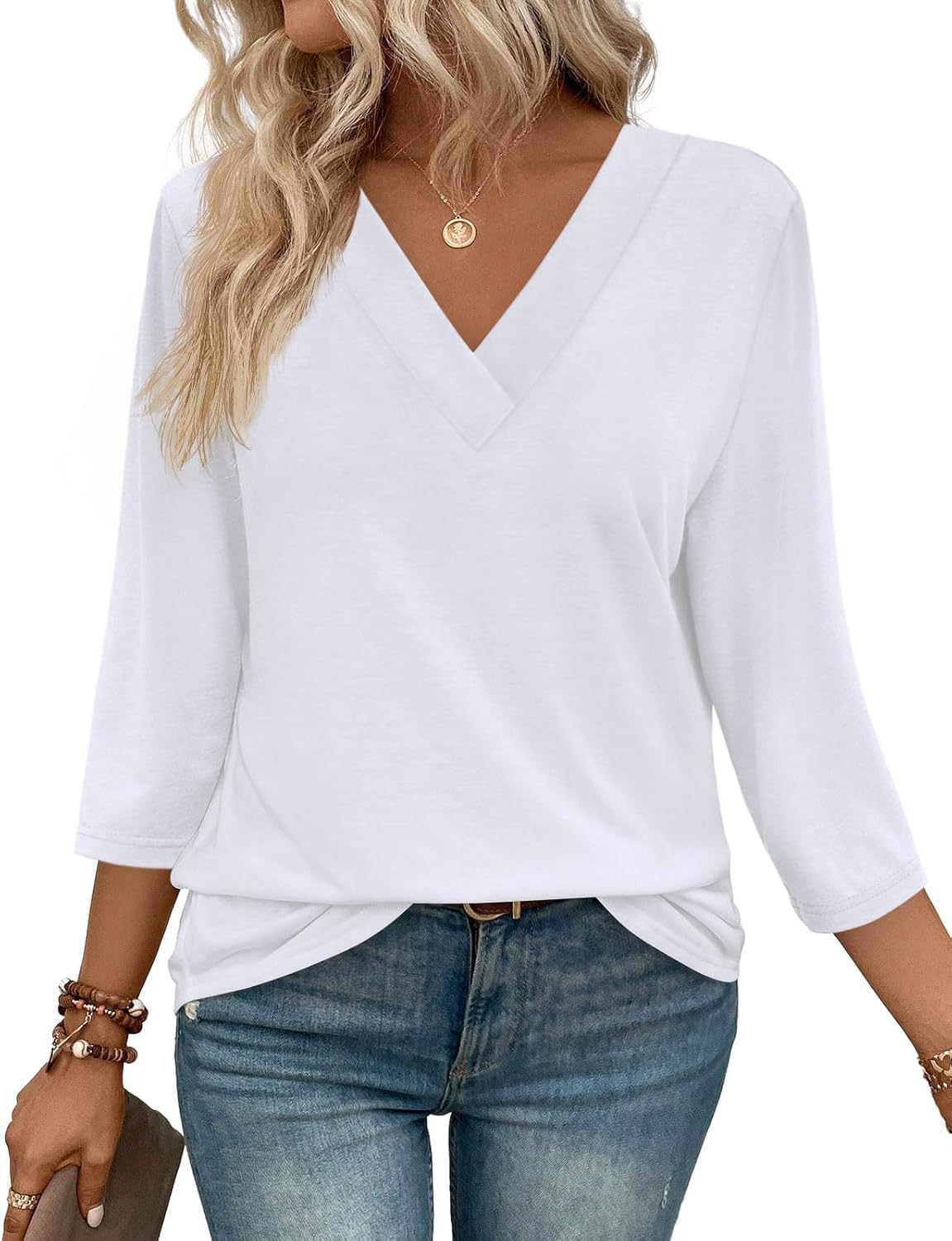 ⏰Hot Sale-Women's V Neck 3/4 Long Sleeve Tops Loose Fit Blouse (Buy 3 Free Shipping)