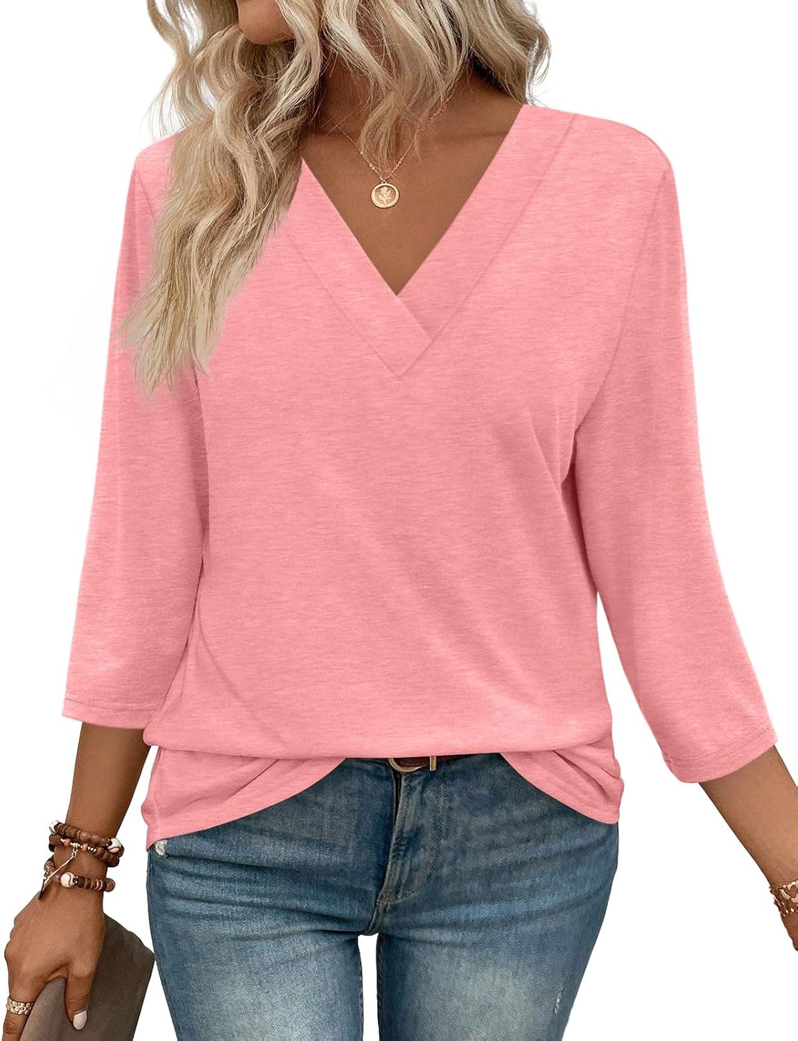 ⏰Hot Sale-Women's V Neck 3/4 Long Sleeve Tops Loose Fit Blouse (Buy 3 Free Shipping)