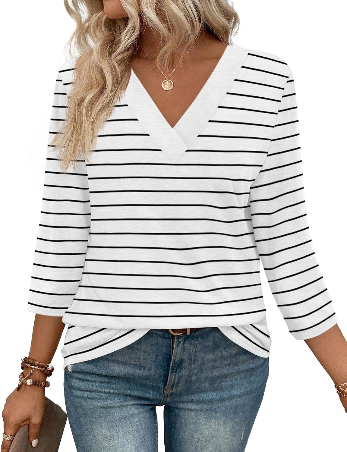⏰Hot Sale-Women's V Neck 3/4 Long Sleeve Tops Loose Fit Blouse (Buy 3 Free Shipping)