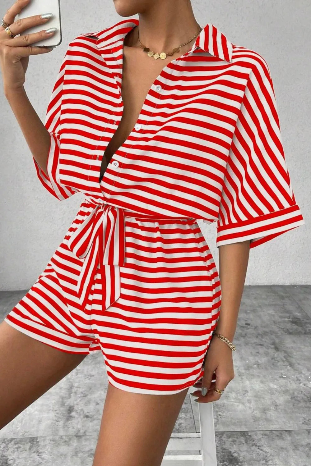 Striped Romper - Collared Tied Waist
