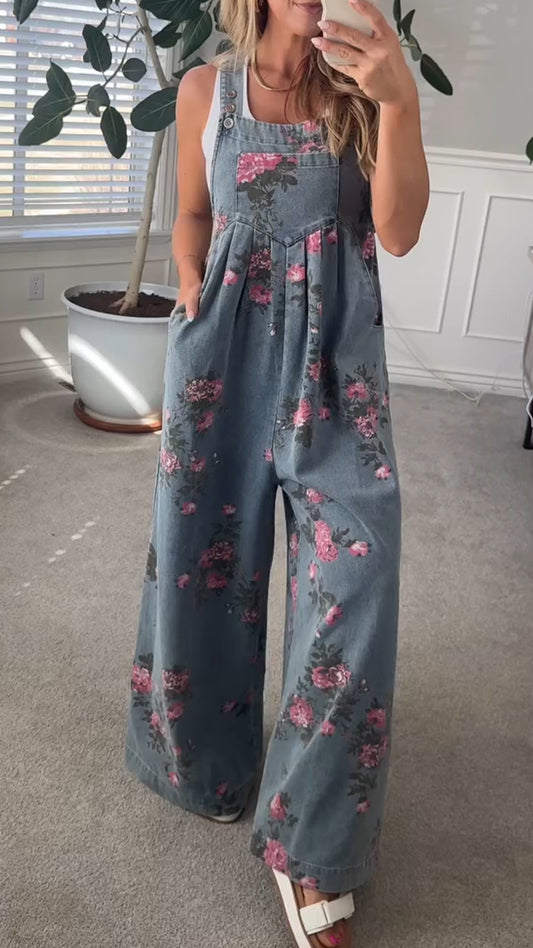 Printed Pocket Casual Denim Overalls