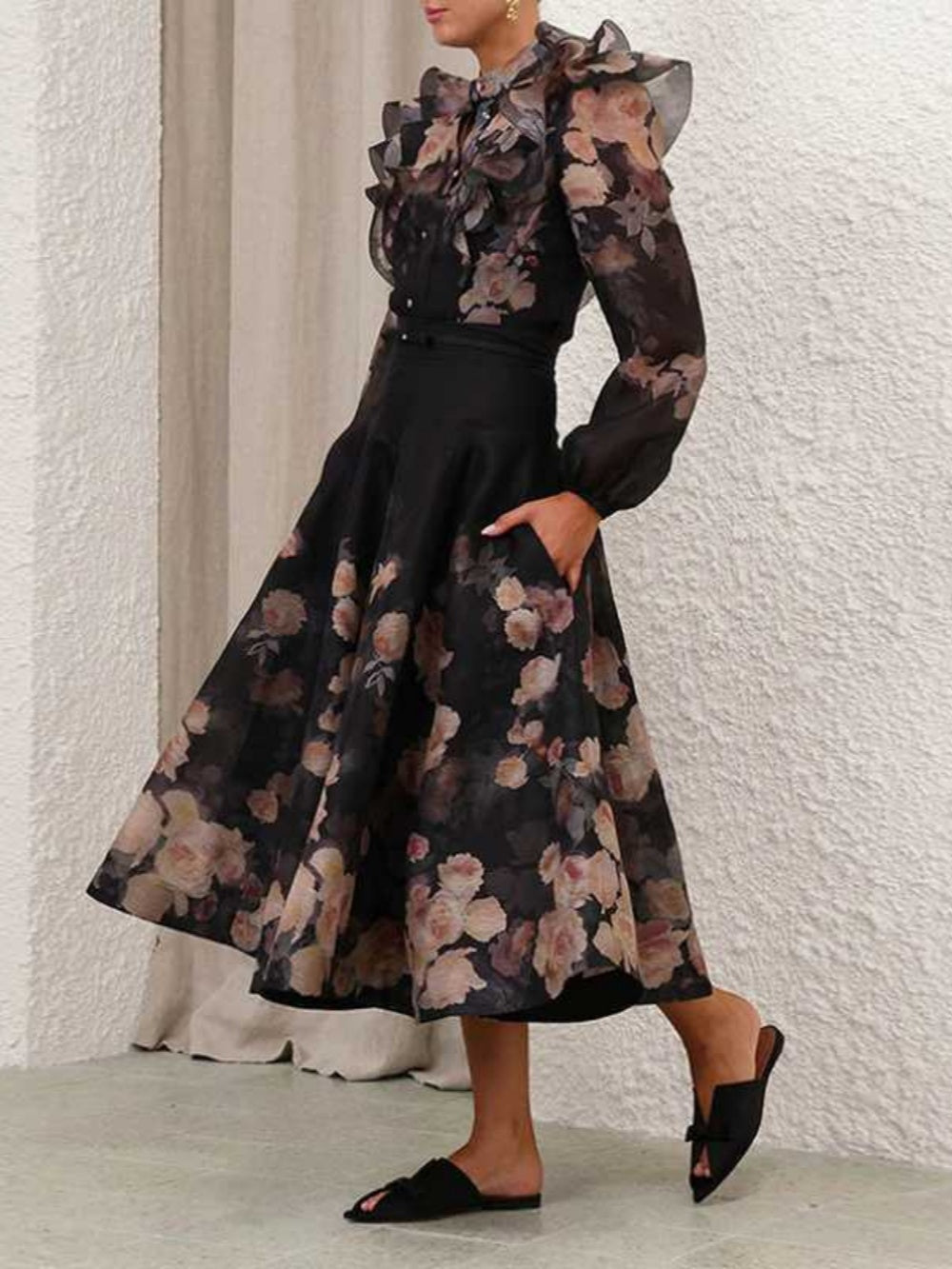 Ruffled printed shirt and skirt ladylike two-piece suit