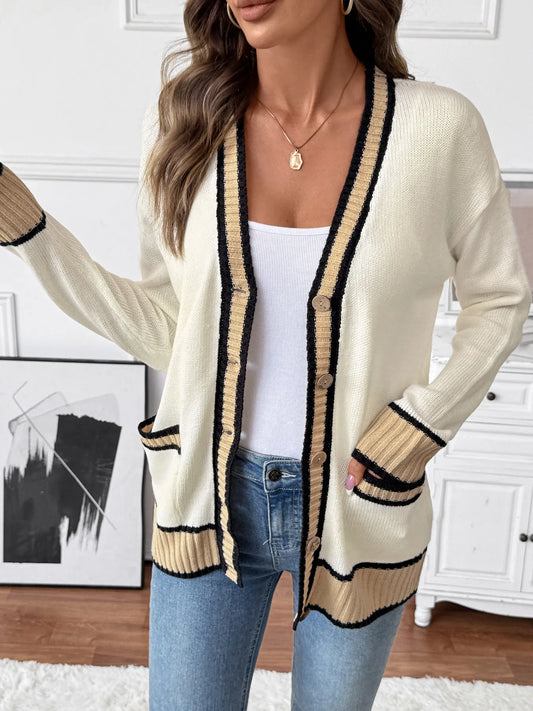 Contrast Trim Button Up Knit Cardigan