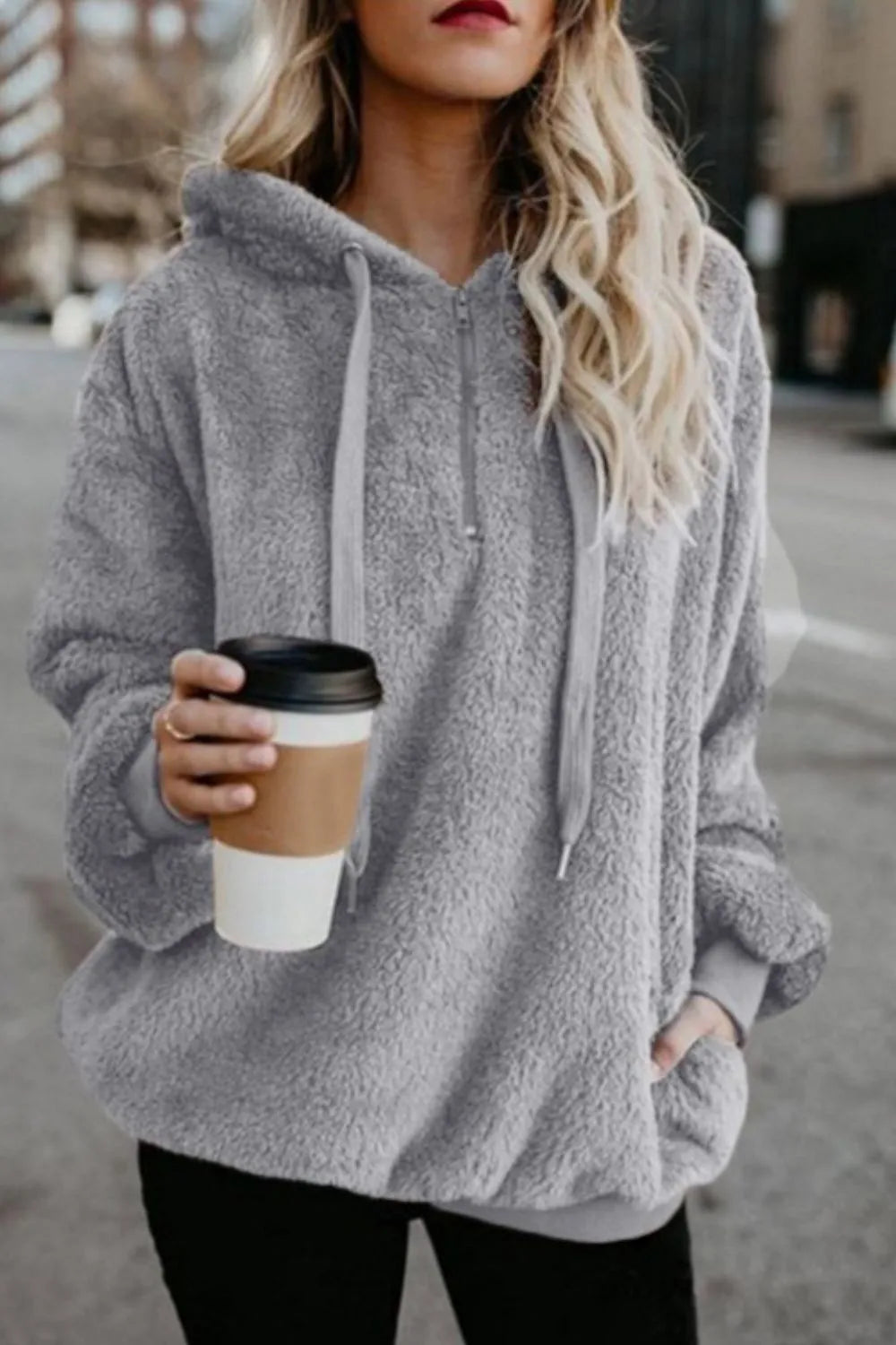 Cozy Quarter-Zip Teddy Hoodie – Full Size, Plush & Playful with Drawstring Style