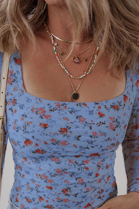 Floral Print Square Neck Long Sleeve Top