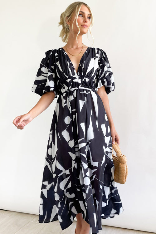 Real Love Print Puff Sleeve Maxi Dress - 6 Colors Black