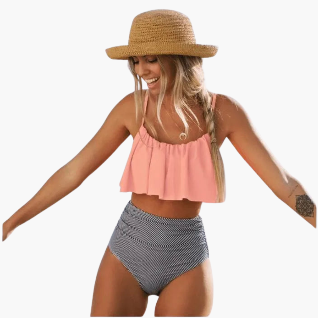 High-Waisted Bikini - Women's Ruffle Detail Swimwear Set