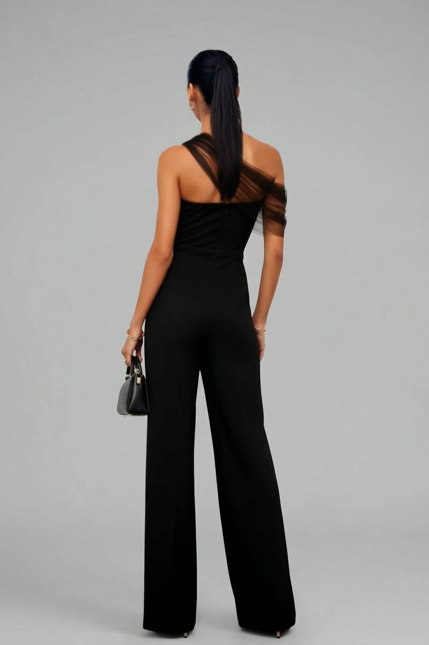 Elegant Mesh Panel One-Shoulder Jumpsuit