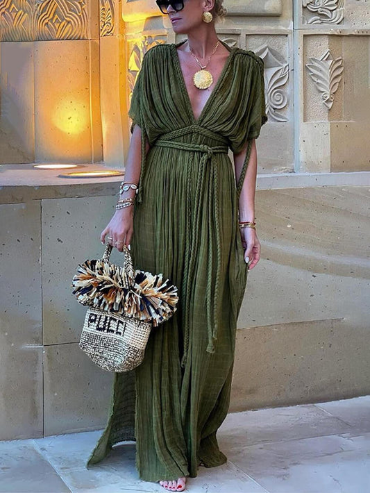 Kimono Draped Braids Cover Up Slit Maxi Dress Green