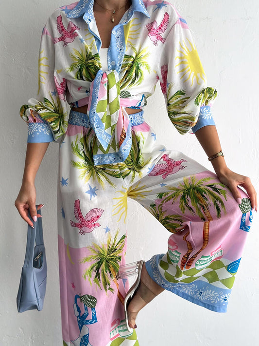 Unique Coastal Palm Tree Print Wide-Leg Pants