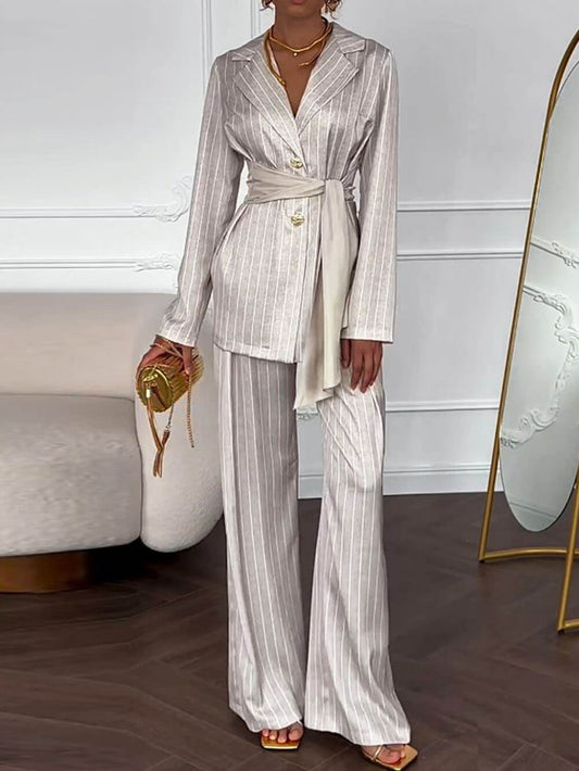 Exquisite Striped Print High-Waist Straight Pants