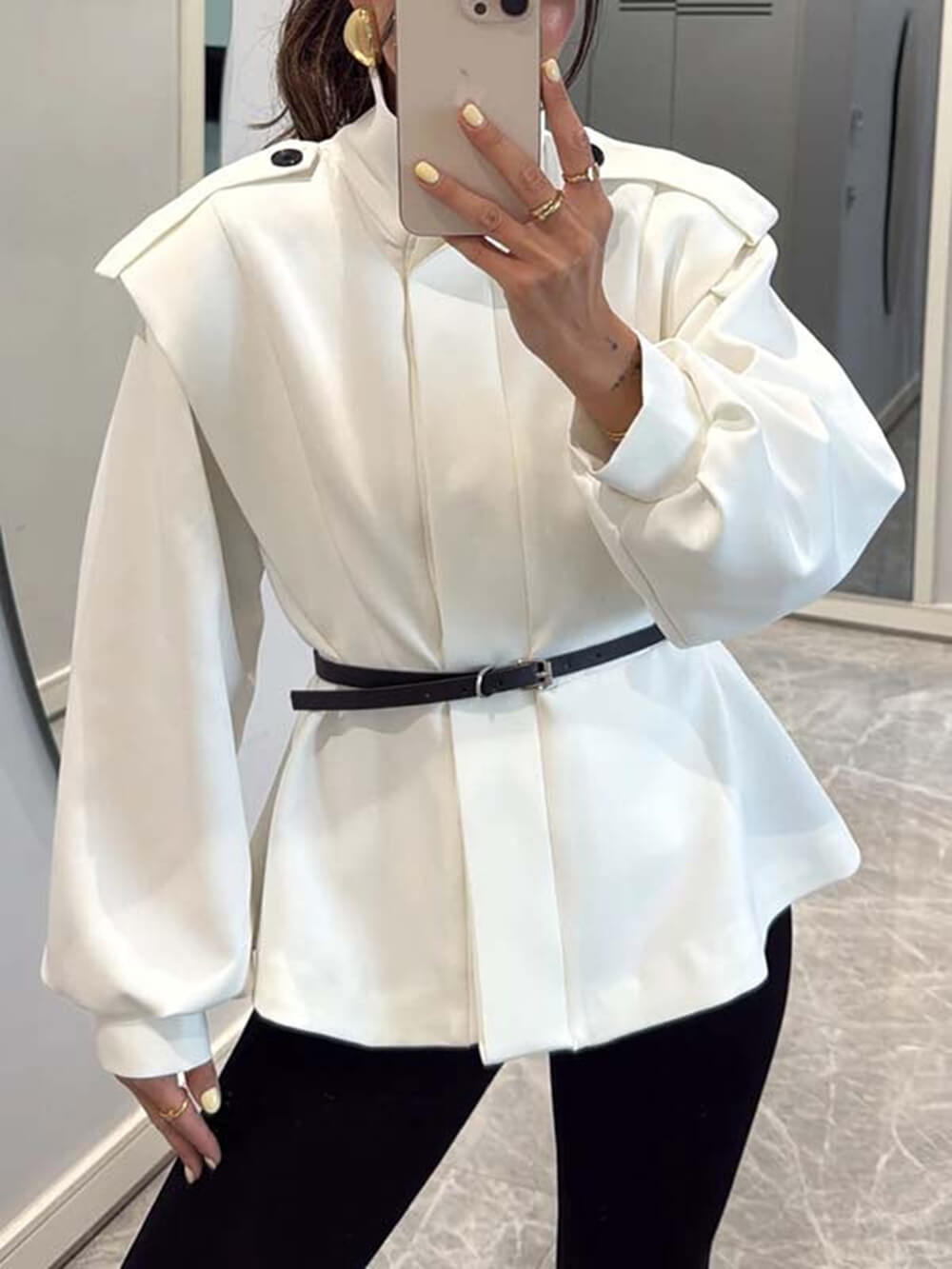 Modern Bold Stand Collar Button-Up Lantern Sleeve Loose Jacket White