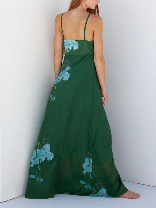 Elegant Ruched Printed Spaghetti Strap Maxi Dress