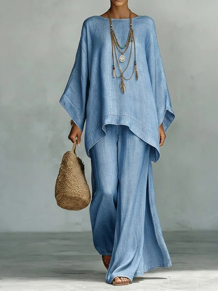 Casual Denim Batwing Asymmetrical Top & Wide Leg Pants Set Light Blue Set