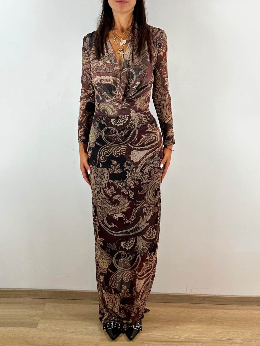 Elegant Long-Sleeve Paisley Print Deep V-Neck Maxi Dress Red