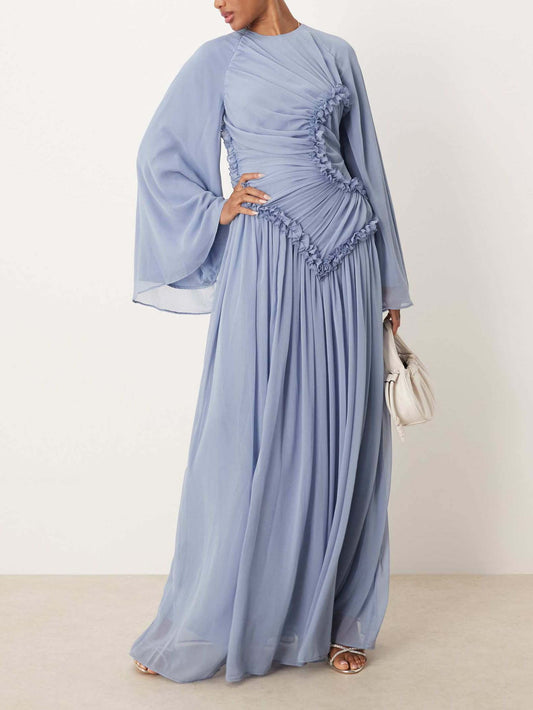 Elegant Pleated Ruffle-Trim Chiffon Maxi Dress Blue
