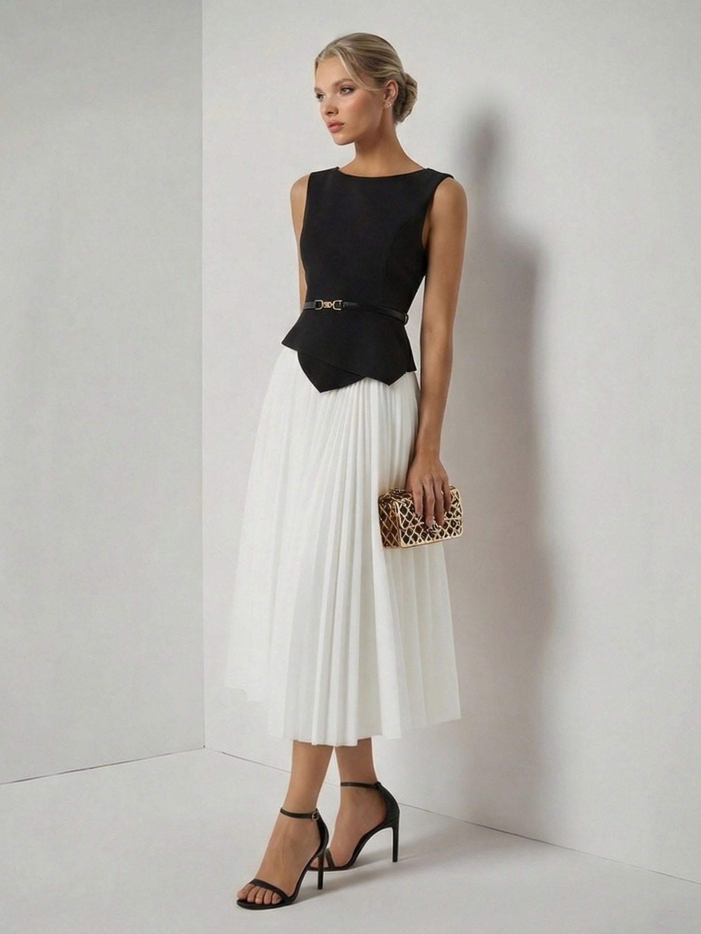 Elegant Asymmetrical Boat Neck Top & Skirt Two-Piece Set White