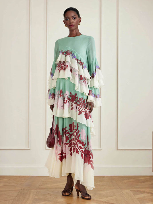 Elegant Floral Print Layered Ruffle Maxi Dress Green