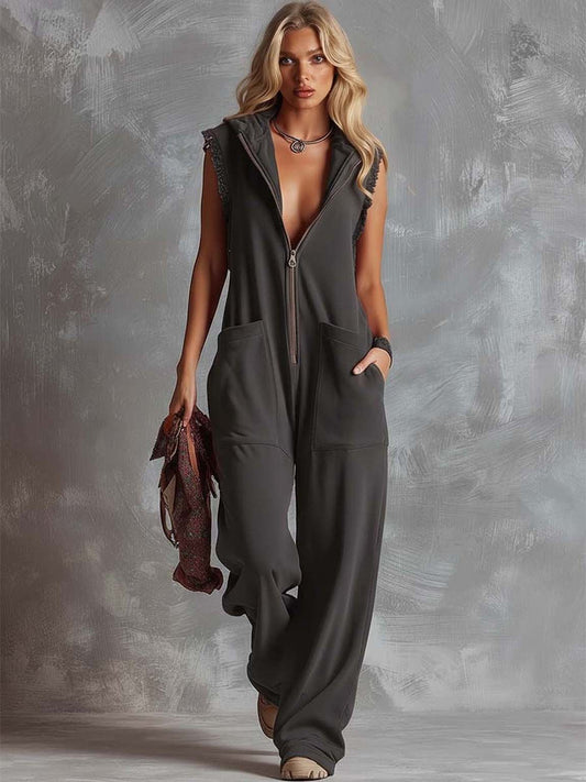 Retro Hooded V-Neck Zip-Front Jumpsuit Dark Gray