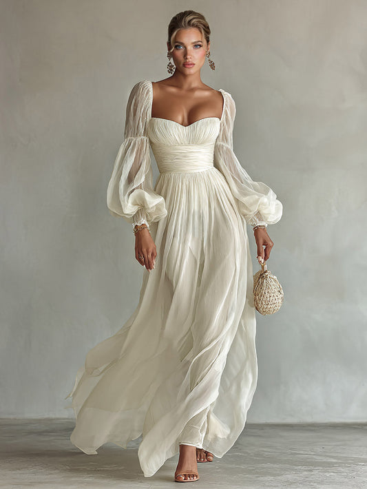 Bohemian Pleated Waist Puff Sleeve Chiffon Maxi Dress Beige
