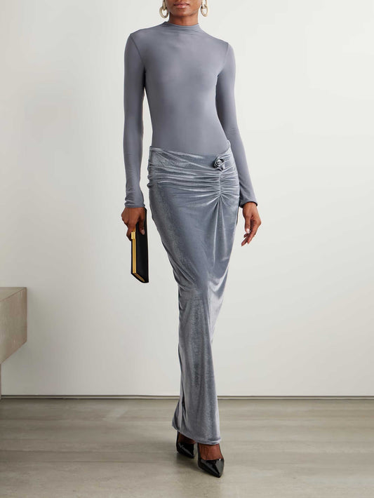 Elegant Open-back Velvet Pleated Maxi Dress Gray