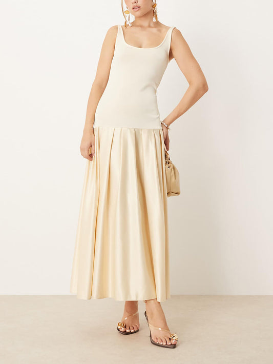 Classic Round-Neck Satin Patchwork Maxi Dress