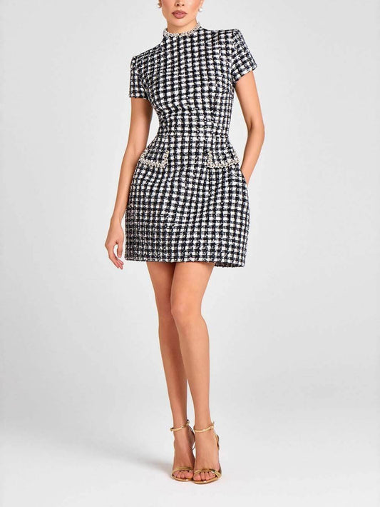Elegant Sequin Beaded Plaid Tweed Mini Dress