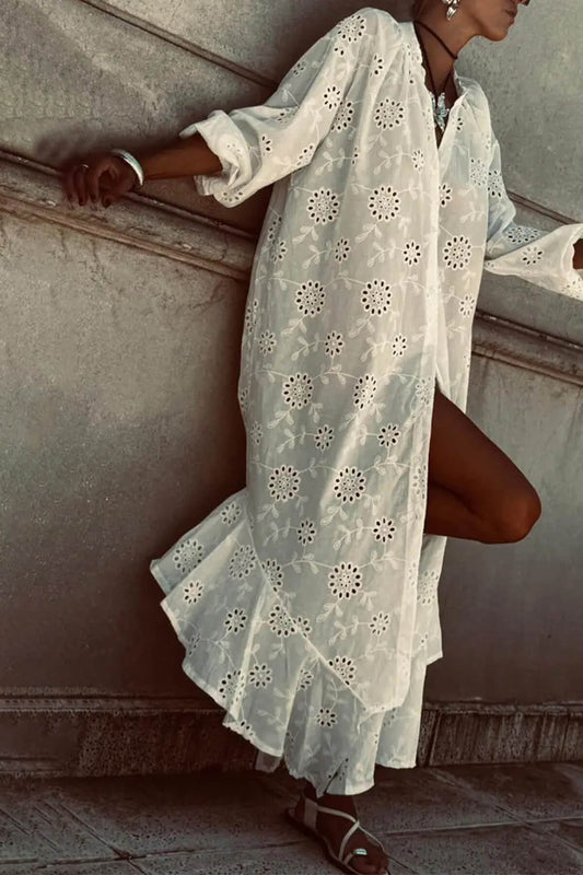 Casual Cutout Lace Crochet Ruffle Maxi Dress