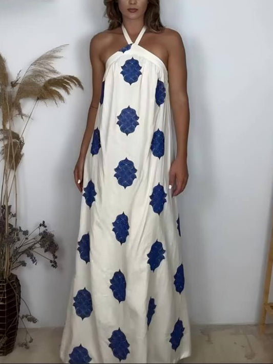 Elegant Printed Halter Backless A-Line Maxi Dress White