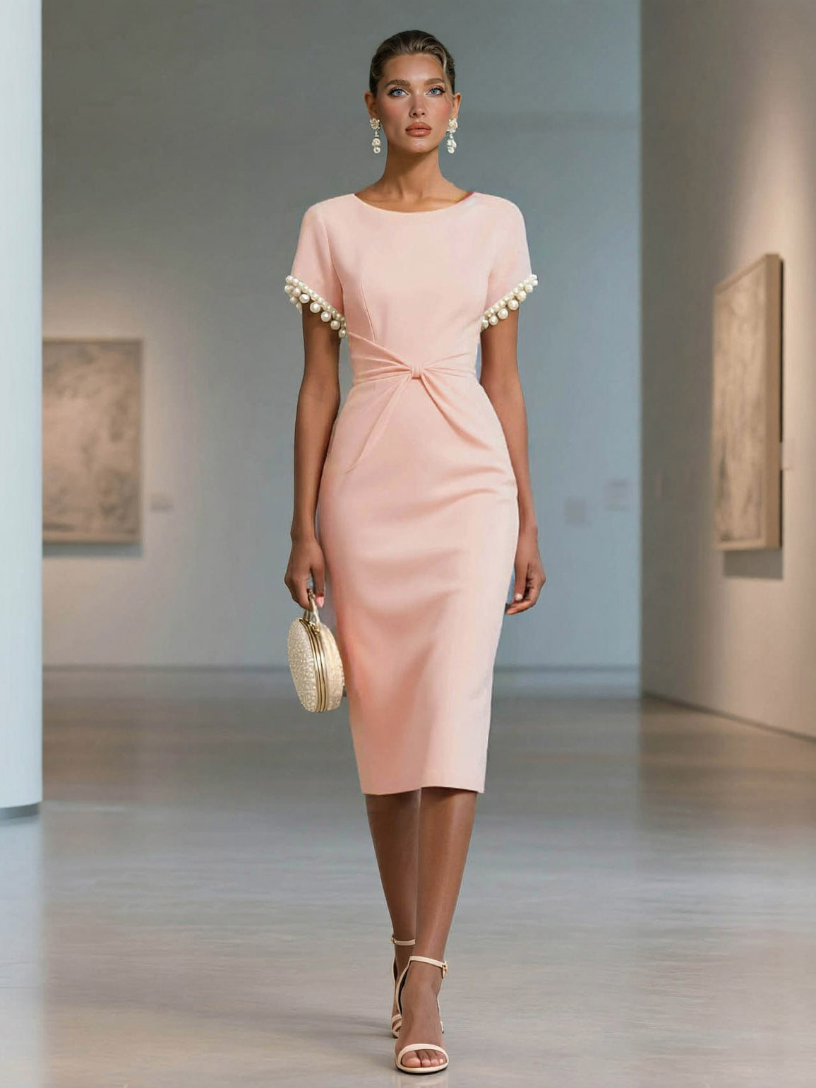 Elegant Pearl-Trim Short Sleeve Midi Dress Pink