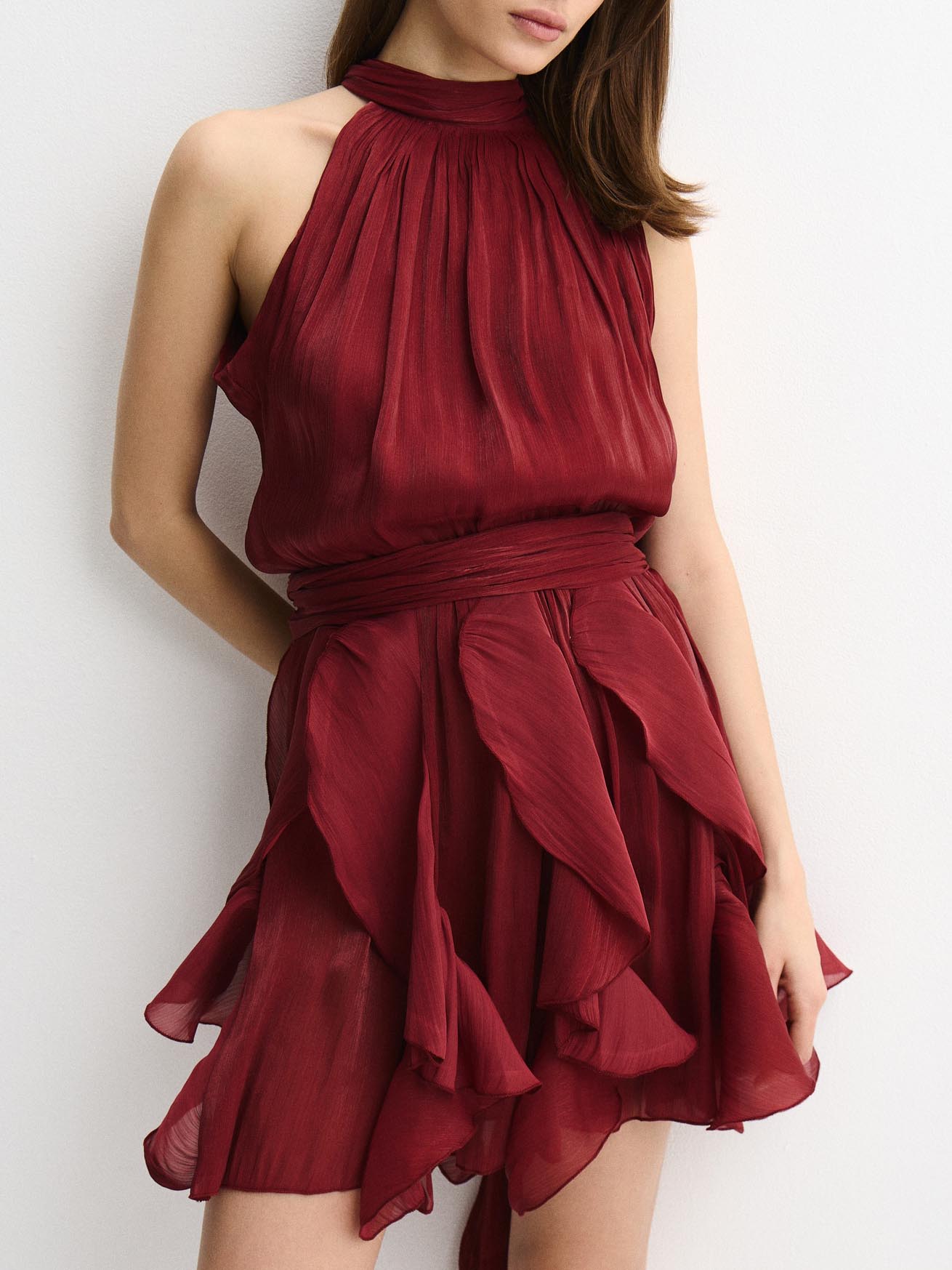 Elegant Shimmer Ruched Tiered Ruffle Mini Dress Red