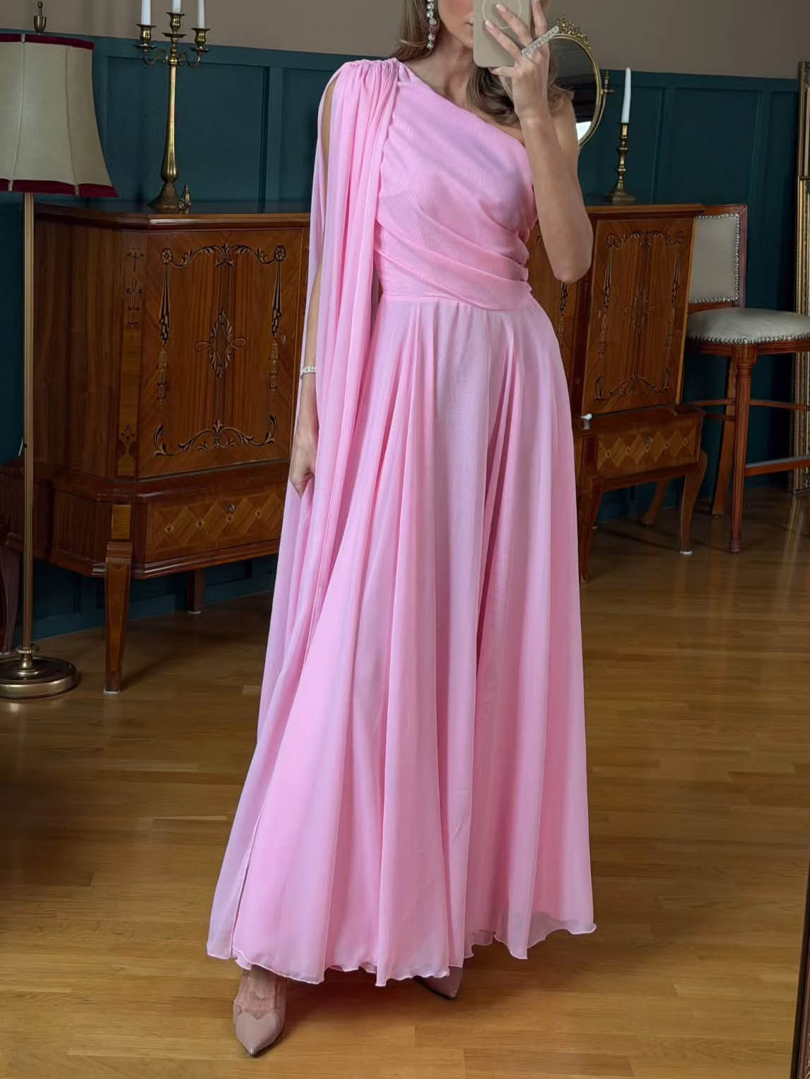 Elegant One-Shoulder Draped Chiffon Maxi Dress Pink