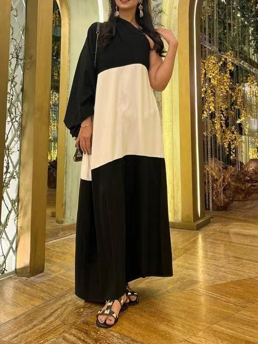 Elegant One-Shoulder Color-Block Draped Maxi Dress