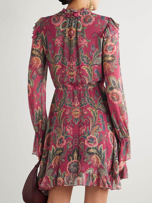 Boho Ruffle Trim Printed Crinkled Mini Dress