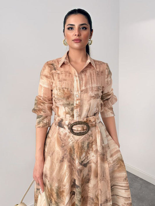 Retro Beige Abstract Print Two-Piece Set Beige Top