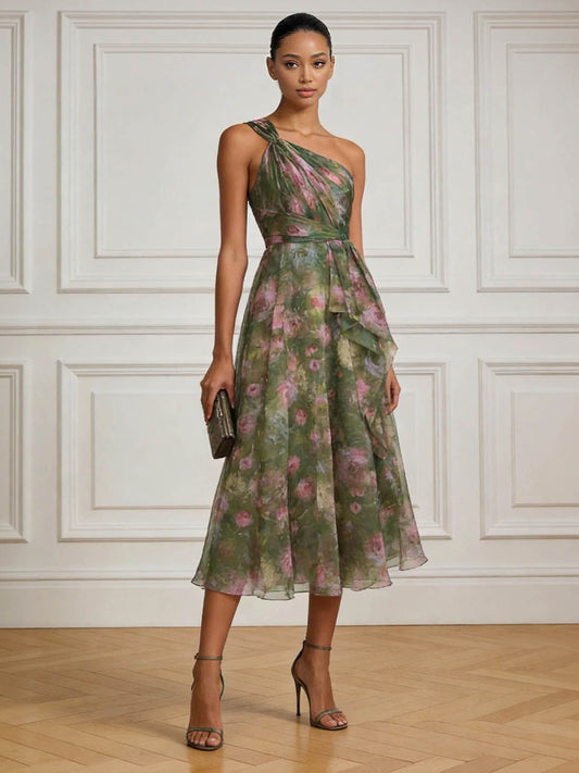 Elegant Floral Print One-Shoulder Chiffon Ruffle Midi Cocktail Dress