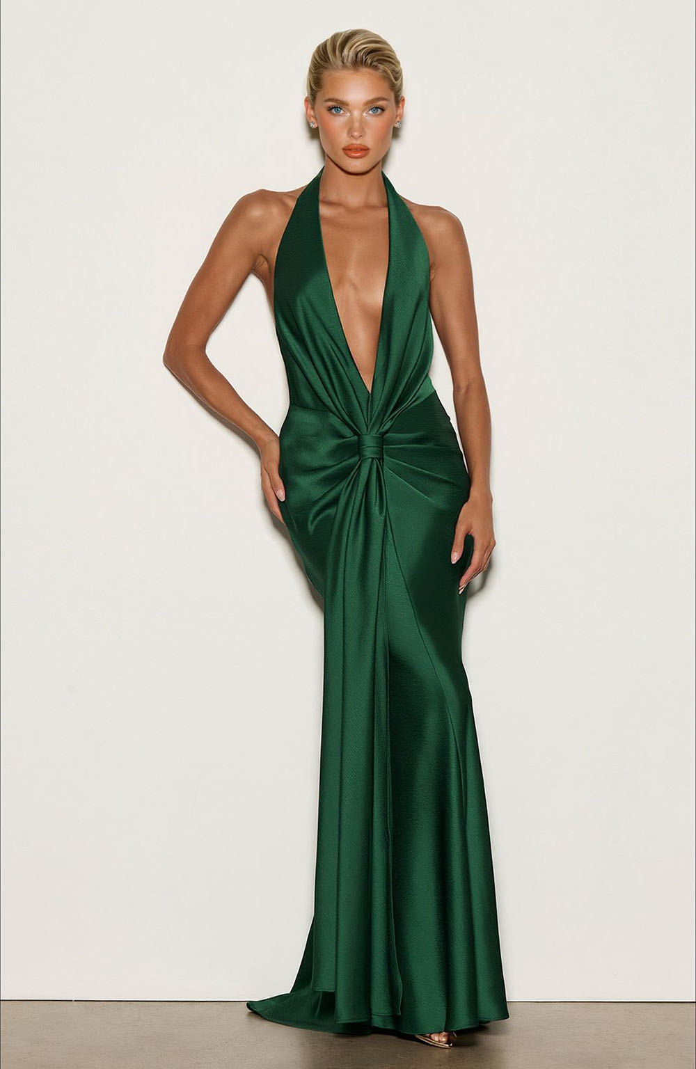 Elegant Backless Twist Front Satin Maxi Dress Dark Green