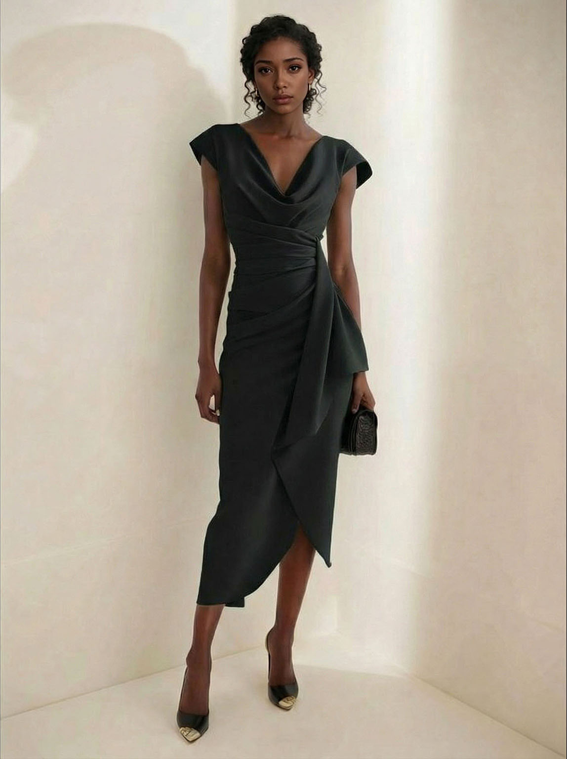 Elegant Draped Neckline Fitted Midi Dress Black