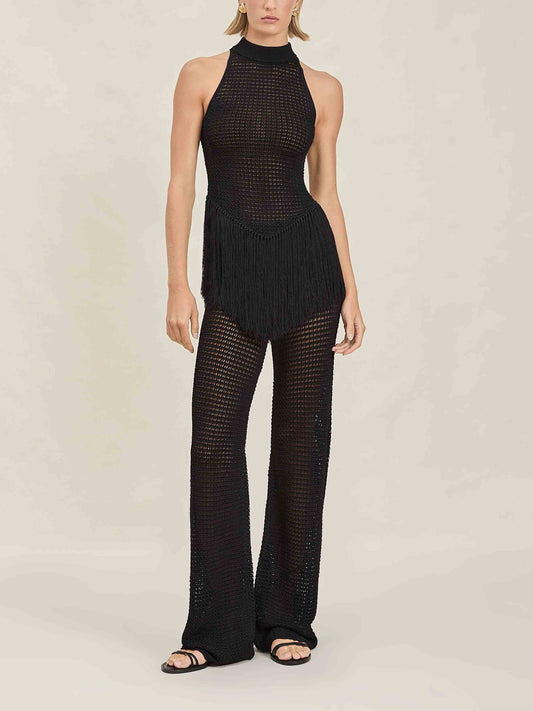 Exquisite Stand Collar Knitted Fringe Top